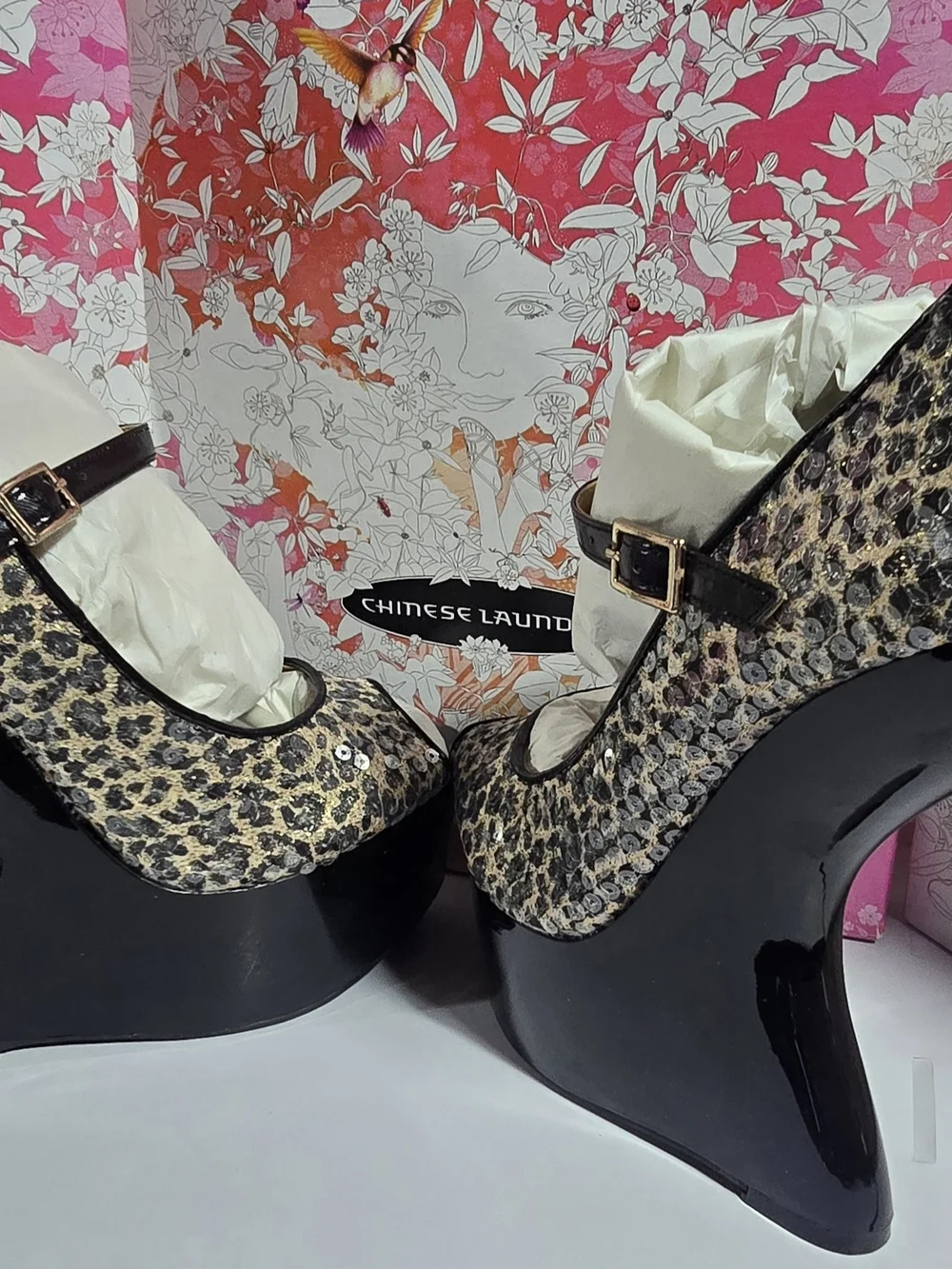 Chinese Laundry Gold and Black Leopard Wedge Mary Jane Heels